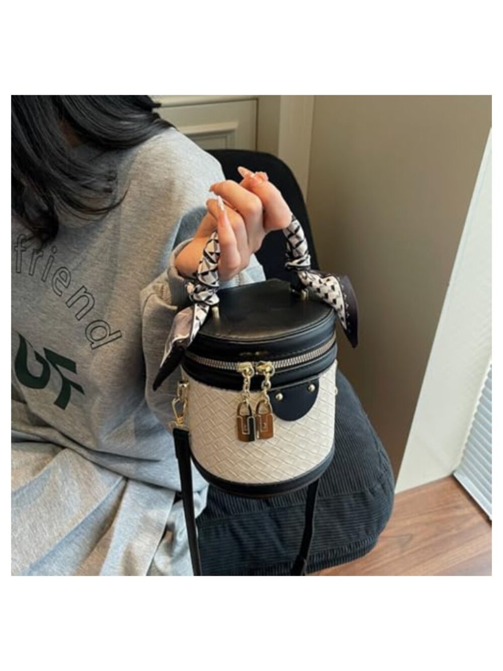 Woven Vegan Leather Crossbody Bucket Bag Mini Top Handle Handbag - Picture 6 of 6